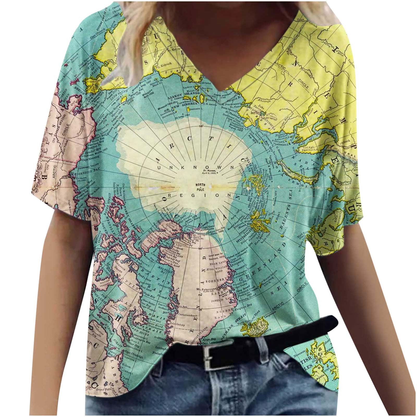 Map Graphic Shirts for Women 2024 Summer Casual V Neck Tshirts Loose Short Sleeve Lightweight Soft Tops Tee for Jeans